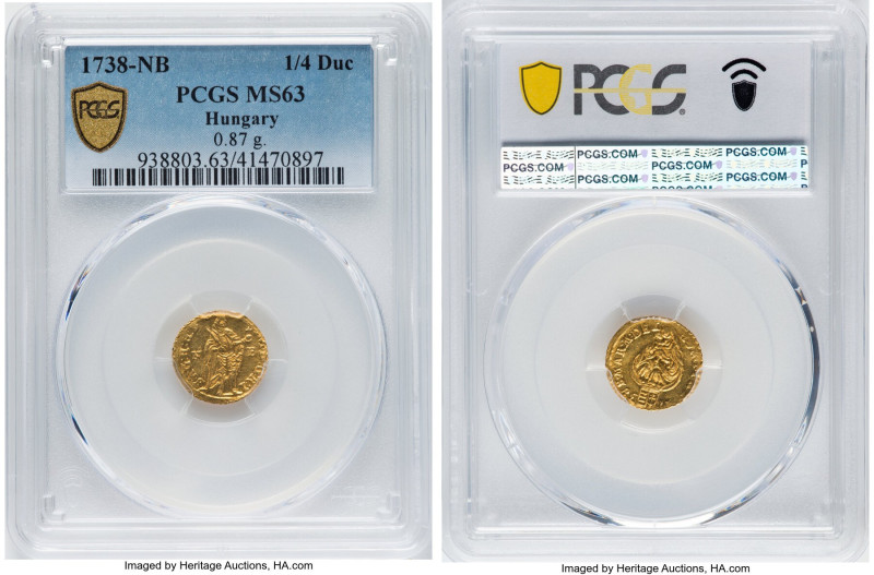 Karl VI gold 1/4 Ducat 1738-NB MS63 PCGS, Nagybanya mint, KM318, H-1596. 0.87gm....