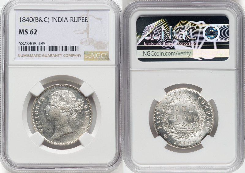 British India. Victoria Rupee 1840-(b & c) MS62 NGC, Calcutta mint, KM458.2, S&W...