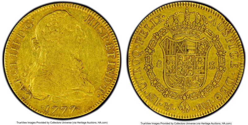 Charles III gold 8 Escudos 1777 Mo-FM XF45 PCGS, Mexico City mint, KM156.2, Cal-...