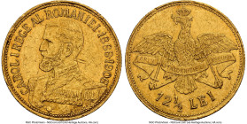 Carol I gold "40th Anniversary of Reign" 12 1/2 Lei 1906 AU Details (Obverse Damage) NGC, KM36. One year type issued for the 40th Anniversary of his R...