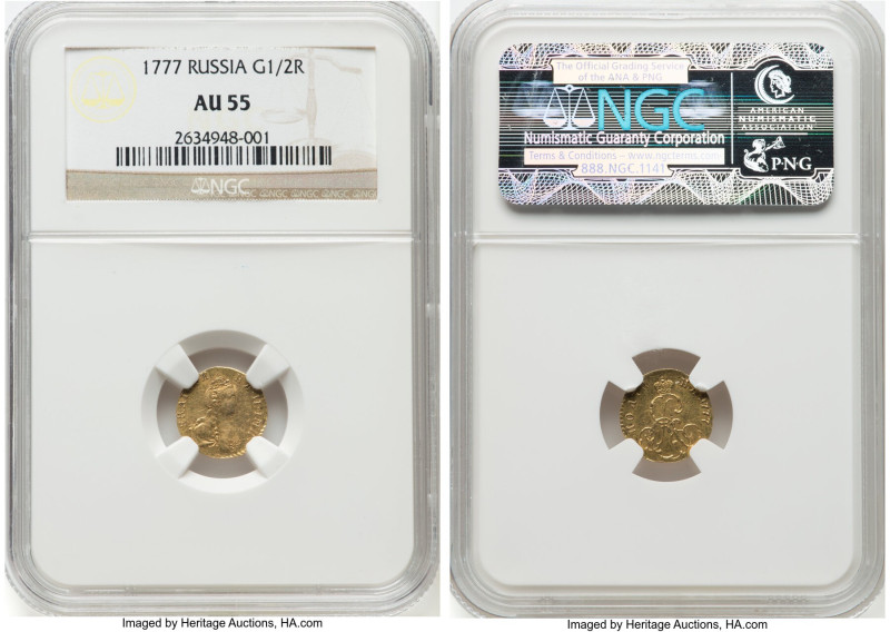 Catherine II gold Poltina (1/2 Rouble) 1777 AU55 NGC, St. Petersburg mint, KM-C7...