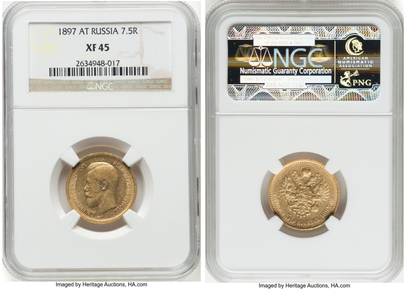 Nicholas II gold 7 Roubles 50 Kopecks 1897-AГ XF45 NGC, St. Petersburg mint, KM-...