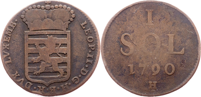 Leopold II., 1 Sol 1790, H Luxembourg, Leopold II., 1 Sol 1790, H, 13,318 g, Cop...