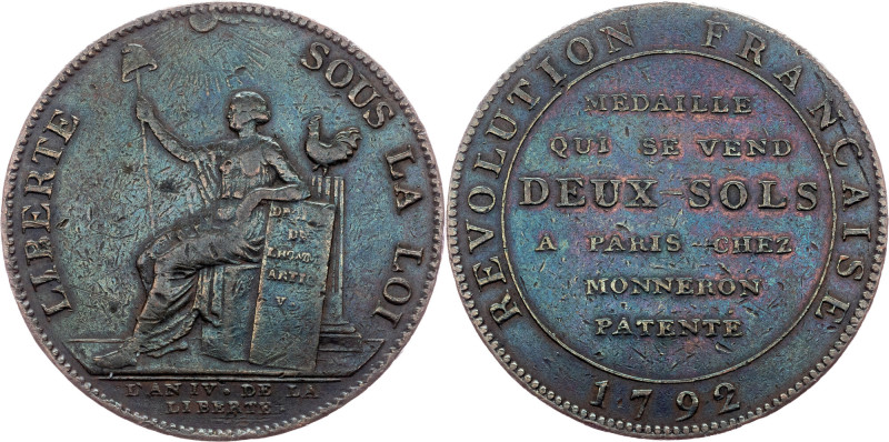 First republic, 2 Sols 1792, Monneron Freres France, First republic, 2 Sols 1792...