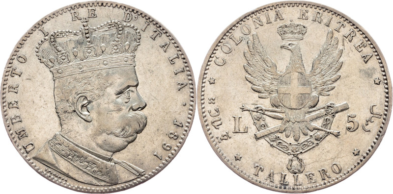 Umberto I., 5 Lire 1891, Rome Italian Eritrea, Umberto I., 5 Lire 1891, Rome, 27...