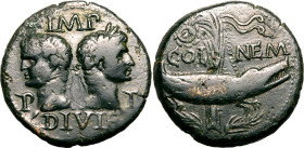 Roman Provincial: Gaul, Nemausus Augustus with Agrippa AD 10-14 Æ As Very Fine; attractive dark green patina