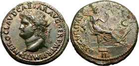 Roman Empire Nero AD 65 Æ Dupondius or As About Extremely Fine; delamination to rev., beautiful green patina