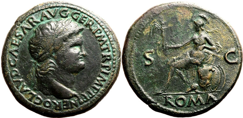 Roman Empire Nero AD 65 Æ Sestertius About Good Very Fine; lightly smoothed and ...