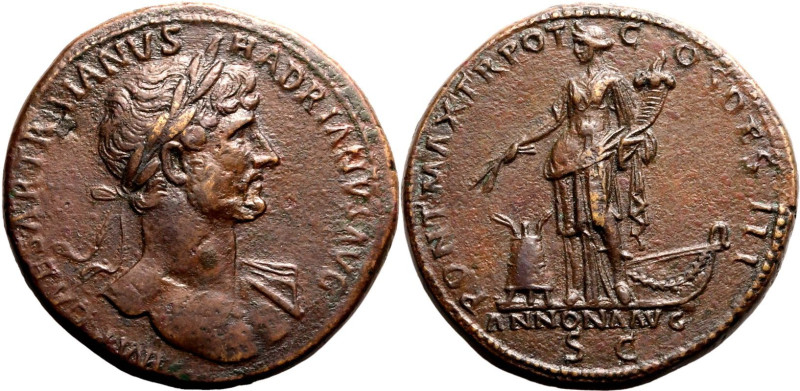 Roman Empire Hadrian AD 118 Æ Sestertius About Extremely Fine; wonderfully detai...