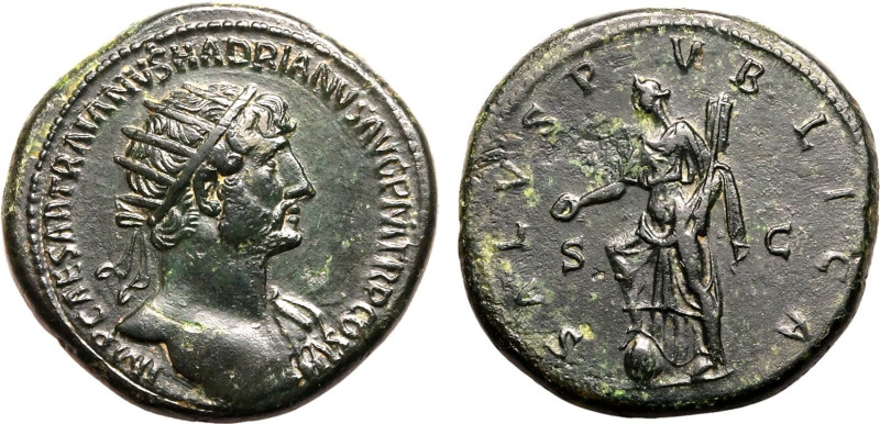 Roman Empire Hadrian AD 119-120 Æ Dupondius About Extremely Fine; beautiful dark...