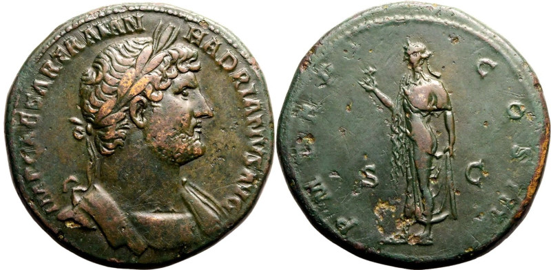 Roman Empire Hadrian AD 122-125 Æ Sestertius Good Very Fine; attractive dark gre...