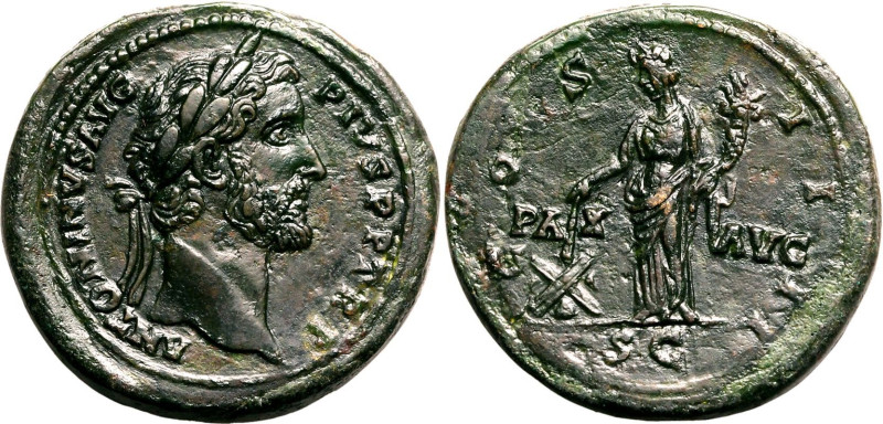 Roman Empire Antoninus Pius AD 145-161 Æ Sestertius Extremely Fine; a highly att...