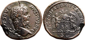 Roman Empire Septimius Severus AD 202-210 Æ Sestertius About Extremely Fine; repaired flan crack, an attractive and detailed example