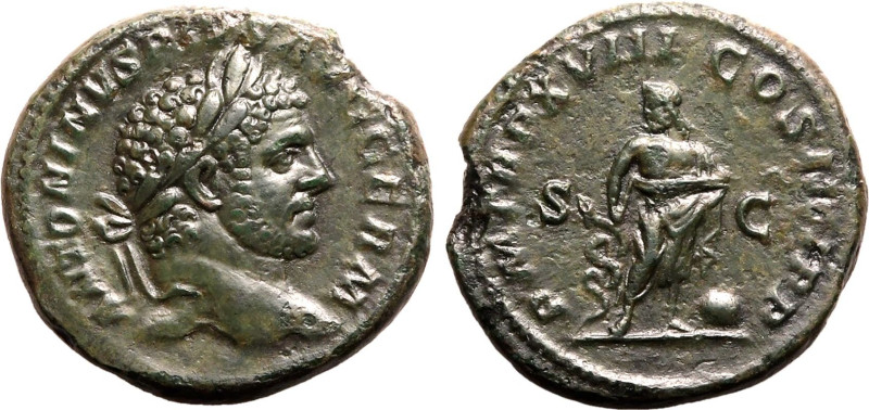 Roman Empire Caracalla AD 215 Æ As Good Very Fine; lightly smoothed fields, othe...