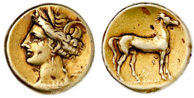 Zeugitana
Karthago
Stater ELEKTRON um 320/310 v.Chr. Tanitkopf l./Pferd r. 7,42 g. gutes sehr schön. CNP 2.10.