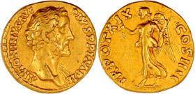 Kaiserzeit
Antonius Pius, 138-161
Aureus TR POT XIX = 155/156. Barhäuptiges halbdrap. Brb. r./TR POT COS IIII. Victoria steht l. 6,18 g. gutes sehr ...