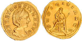 Kaiserzeit
Herennia Etruscilla, Gattin des Trajan Decius, 249-251
Aureus 250/251. Drapierte Büste r./PVDICITIA AVG. Pudicitia thront l. 4,65 g. vorz...