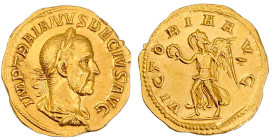 Kaiserzeit
Trajan Decius 249-251
Aureus 249. Belorb., drap. Büste r./VICTORIA AVG. Victoria steht l. 4,48 g. fast vorzüglich, sehr selten Erworben 1...