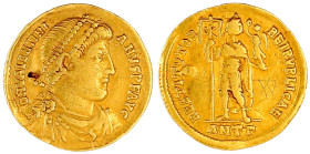 Kaiserzeit
Valentinian I., 364-375
Solidus 364, Antiochia, 3. Offizin. Diad. drap. Brb. r./RESTITVTOR REIPVBLICAE. Kaiser steht mit Standarte und Vi...