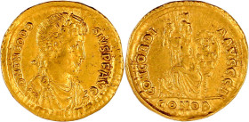 Kaiserzeit
Theodosius I., 379-395
Solidus 377/380, Constantinopel, 2. Offizin. Drap. Büste mit Diadem r./CONCORDIA AVG CC B CONOB. Concordia auf Thr...