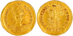 Kaiserzeit
Arcadius, 383-408
Solidus 397/402, Constantinopel, 5. Offizin. 4,25 g. sehr schön/vorzüglich, kl. Randfehler. RIC 7. Depeyrot 55/1.