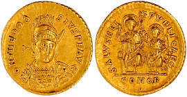 Kaiserzeit
Theodosius II., 408-450
Solidus 425/430, Constantinopel, 9. Offizin. 4,48 g. fast vorzüglich. RIC 237.