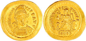 Kaiserzeit
Theodosius II., 408-450
Solidus 430/440, Constantinopel. Gepanzerte Büste v.v./IMP XXXXII COS XVII PP CONOB. Roma thront l. 4,45 g. vorzü...