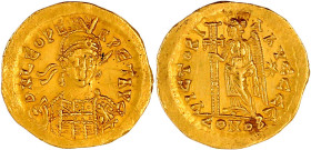 Kaiserzeit
Leo I., 457-474
Solidus 457/474 Constantinopel, 5. Offizin. Brb. v.v. mit Helm/VICTORIA AVGGG E CONOB. Victoria steht l., hält Langkreuz....