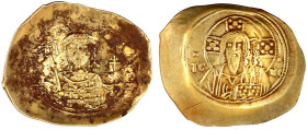 Kaiserreich
Michael VII., 1071-1078
Histamenon ELEKTRON 1071/1078. Hüftbild v.v. mit Labarum und Kreuzglobus/Christus thront v.v. 4,33 g. sehr schön...