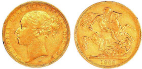 Australien
Victoria, 1837-1901
Sovereign 1882 M, Melbourne. 7,99 g. 917/1000. sehr schön, kl. Randfehler. Spink. 3857A.