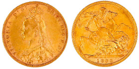 Australien
Victoria, 1837-1901
Sovereign 1893 M, Melbourne. 7,99 g. 917/1000. gutes sehr schön, kl. Randfehler. Spink. 3867C.