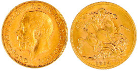 Australien
Georg V., 1911-1936
Sovereign 1914 P, Perth. 7,99 g. 917/1000. vorzüglich/Stempelglanz. Seaby 4001.