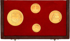 Bahamas
Britisch, seit 1825
Goldmünzenset zu 10, 20, 50 und 100 Dollars 1971, Königin Elisabeth. Zusammen 71,88 g. 917/1000. In Originalschatulle (e...