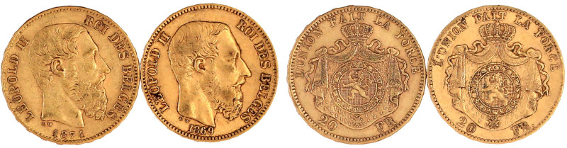 Belgien
Leopold II., 1865-1909
2 X 20 Francs: 1869 und 1974. je 6,45 g. 900/10...