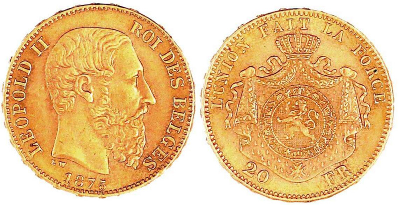 Belgien
Leopold II., 1865-1909
20 Francs 1875. 6,45 g. 900/1000. vorzüglich. K...