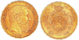 Belgien
Leopold II., 1865-1909
20 Francs 1875. 6,45 g. 900/1000. vorzüglich. Krause/Mishler 37.