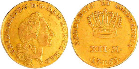 Dänemark
Frederik V. 1746-1766
Kurant-Dukat (12 Mark) 1763, Kopenhagen. 3,08 g. fast sehr schön. Hede 22. Friedberg 269.