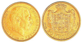 Dänemark
Christian X., 1912-1947
20 Kronen 1914 VBP. 8,96 g. 900/1000. prägefrisch, fast Stempelglanz. Hede 1A. Friedberg 299.