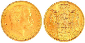 Dänemark
Christian X., 1912-1947
20 Kronen 1916 VBP. 8,96 g. 900/1000. prägefrisch, fast Stempelglanz. Hede 1A. Friedberg 299.