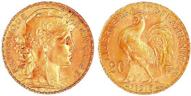 Frankreich
Dritte Republik, 1871-1940
20 Francs Hahn 1913. 6,45 g. 900/1000. fast Stempelglanz. Friedberg 596a. Krause/Mishler 857.