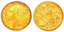 Grossbritannien
Victoria, 1837-1901
Sovereign 1878 Drachentöter. 7,99 g. 917/1000. fast vorzüglich. Spink. 3856A.