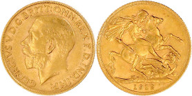 Grossbritannien
Georg V., 1910-1936
Sovereign 1912. Drachentöter. 7,99 g. 917/1000. vorzüglich. Seaby 3996.