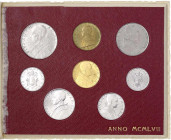 Italien-Kirchenstaat
Pius XII., 1939-1958
Münzsatz von 1 Lira bis 100 Lire (Gold) AN XIX 1957, Wappen. 5,19 g. 900/1000. Im Originalblister mit Gold...