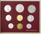 Italien-Kirchenstaat
Pius XII., 1939-1958
Münzsatz von 1 Lira bis 100 Lire (Gold) AN XIX 1958, Wappen. 5,19 g. 900/1000. Im Originalblister mit Gold...