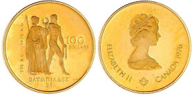 Kanada
Britisch, seit 1763
100 Dollars 1976. Olympiade. Montreal. 16,96 g. 917/1000. Im Originaletui mit Zertifikat (Pappschachtel beschädigt). Poli...