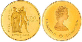 Kanada
Britisch, seit 1763
100 Dollars 1976. Olympiade. Montreal. 16,96 g. 917/1000. Im Originaletui mit Zertifikat (Pappschachtel stockfeckig). Pol...