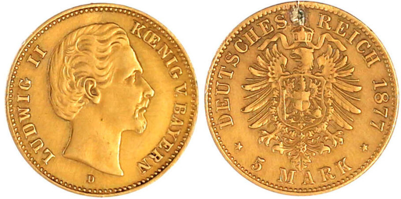 Bayern
Ludwig II., 1864-1886
5 Mark 1877 D. sehr schön, Henkelspur. Jaeger 195...