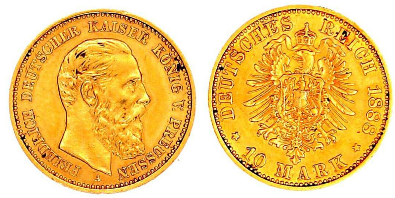 Preußen
Friedrich III., 1888
10 Mark 1888 A. gutes sehr schön. Jaeger 247.