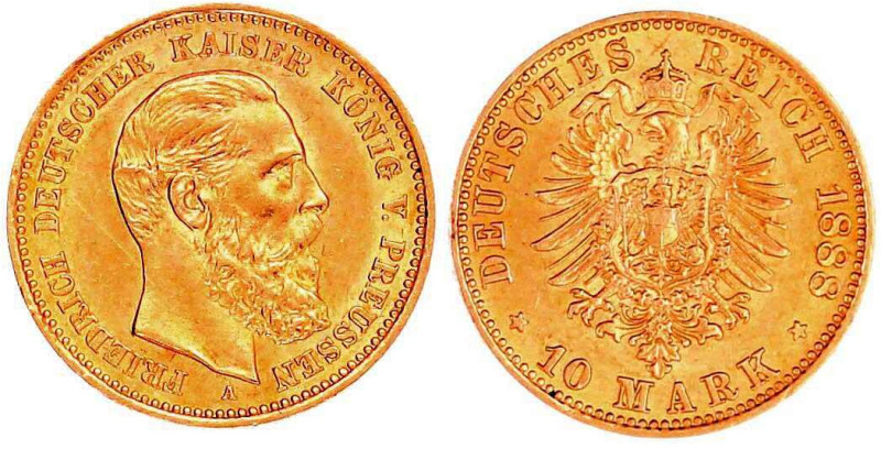 Preußen
Friedrich III., 1888
10 Mark 1888 A. vorzüglich, Kratzer, winz. Randfe...