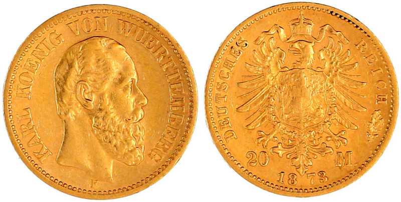 Württemberg
Karl, 1864-1891
20 Mark 1873 F. sehr schön/vorzüglich. Jaeger 290....